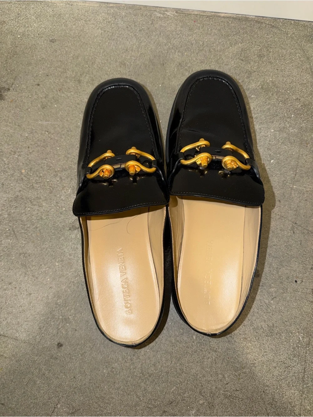 Bottega Veneta Black Leather Slip-On Loafers with Gold Hardware